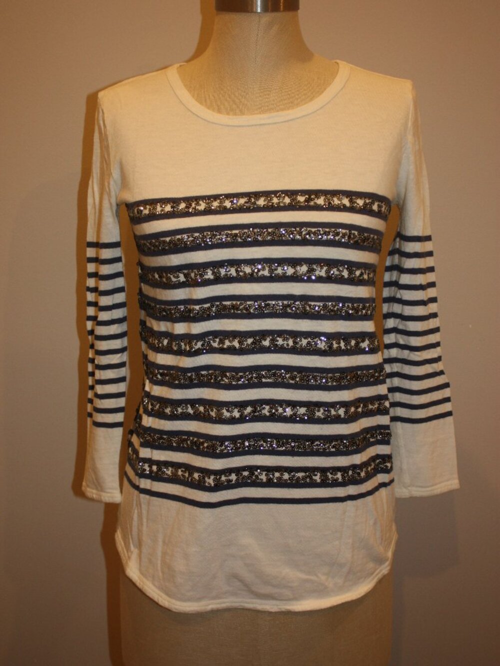 J.CREW STRIPED BLUE & WHITE LOOSE SHIRT TOP WITH SILVER SEQUINS ACCENT - XS 0 2